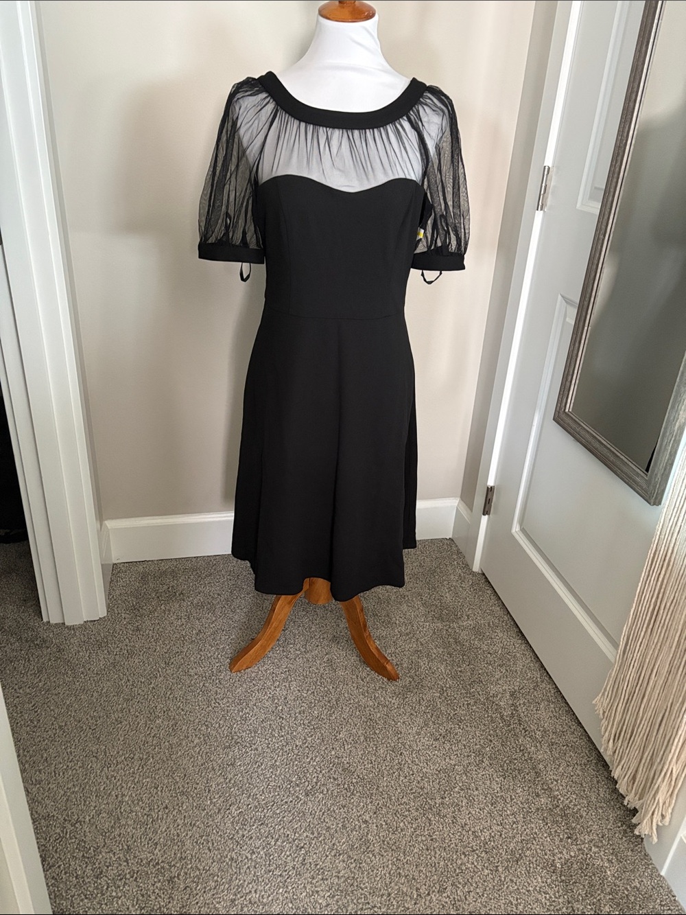 Maggy London Black Midi Dress with Sheer Puff Sleeves